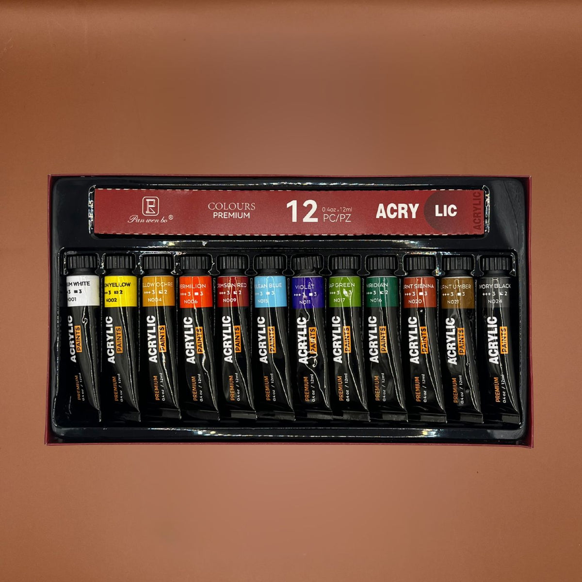 A 12-piece set of Premium Acrylic Paint tubes in a black tray.