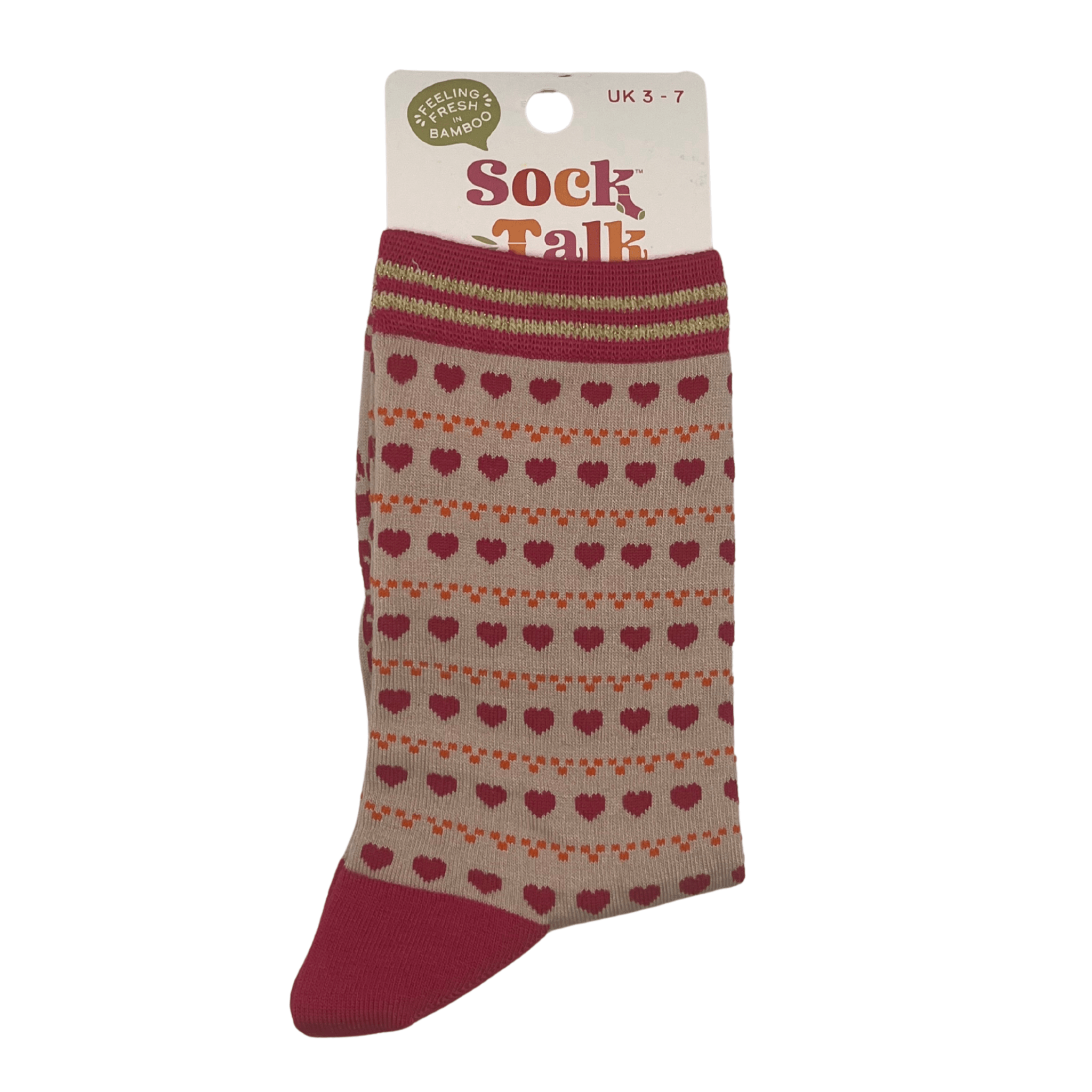 Pair of socks with a pink heart pattern with a sock talk label.