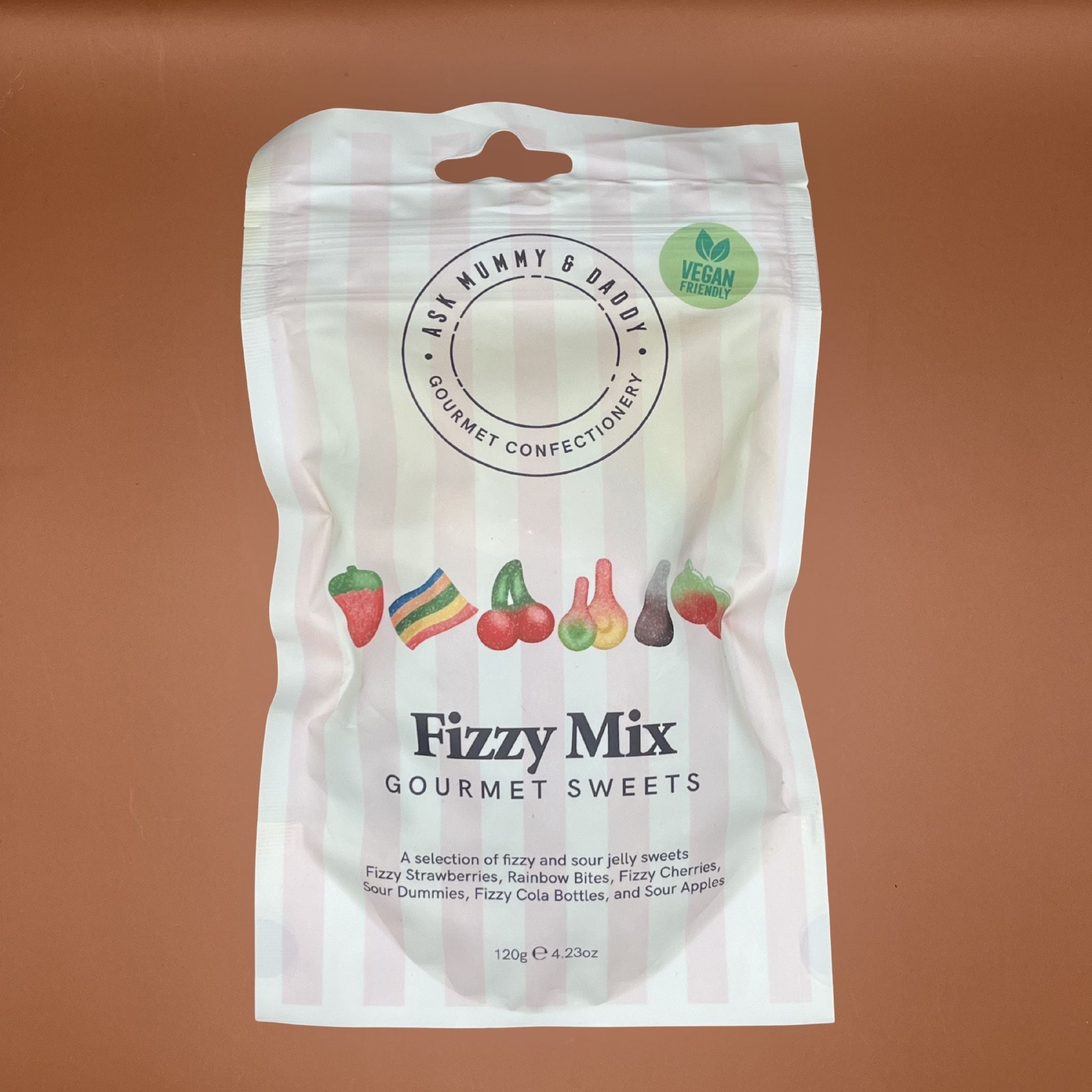 Package of Fizzy Mix gourmet sweets on a brown background