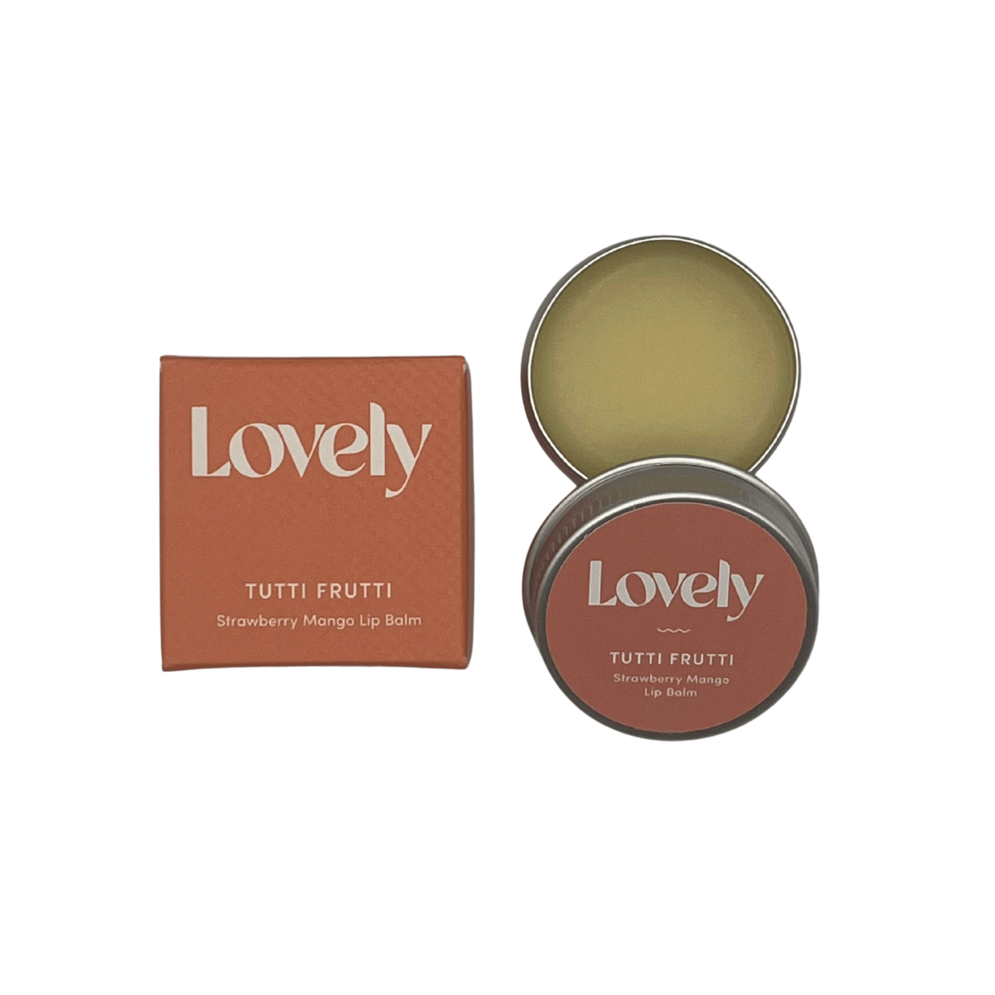 Lovely Skincare  Tutti Frutti Strawberry Mango Lip Balm' with a box next to open tin of lip balm.
