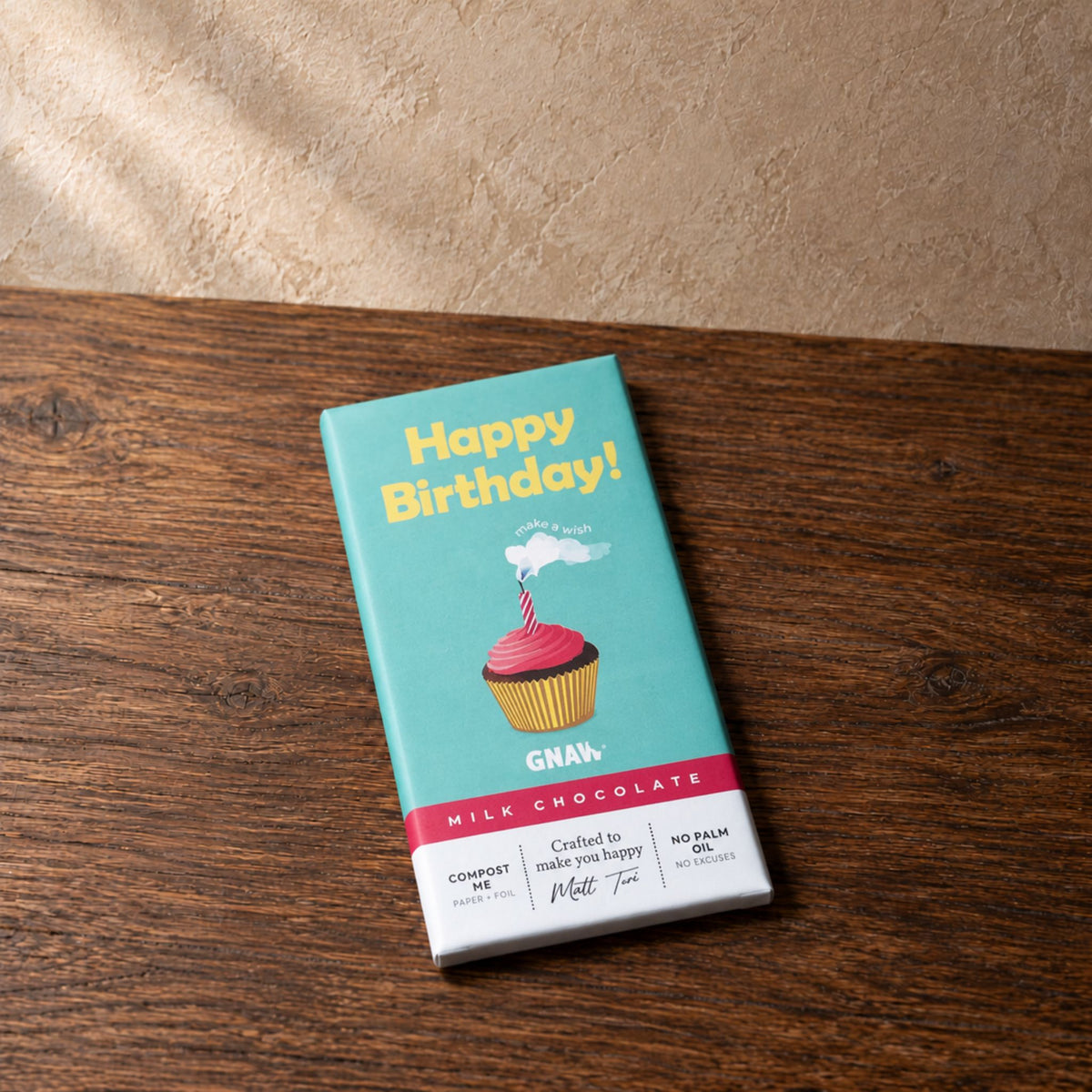 A milk chocolate bar wrapped in a turquoise wrapper with a yellow 'Happy Birthday!' message and a cupcake illustration, resting on a dark wooden tabletop.