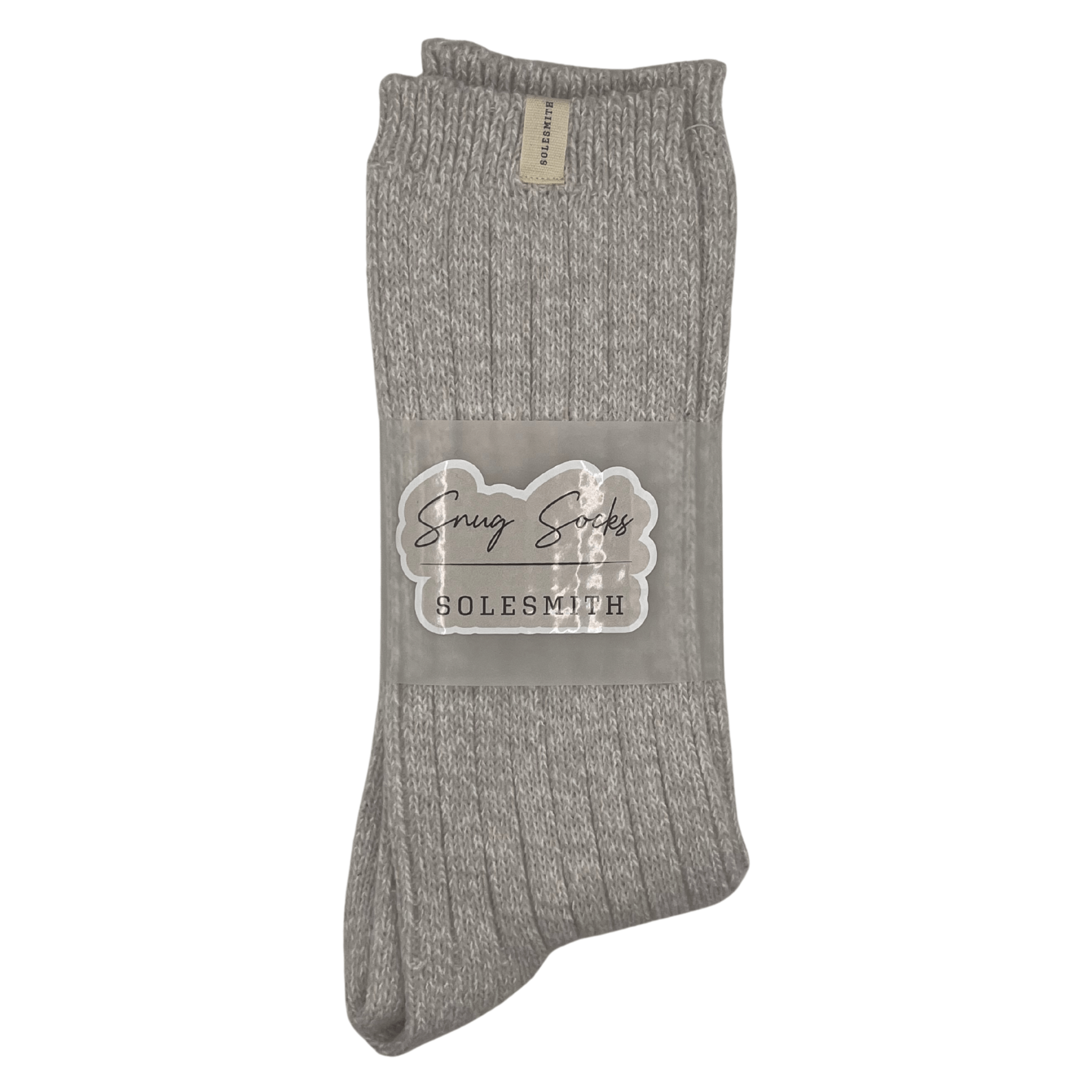 Pair of mens grey cosy socks with 'Snug Socks Solesmith' label.