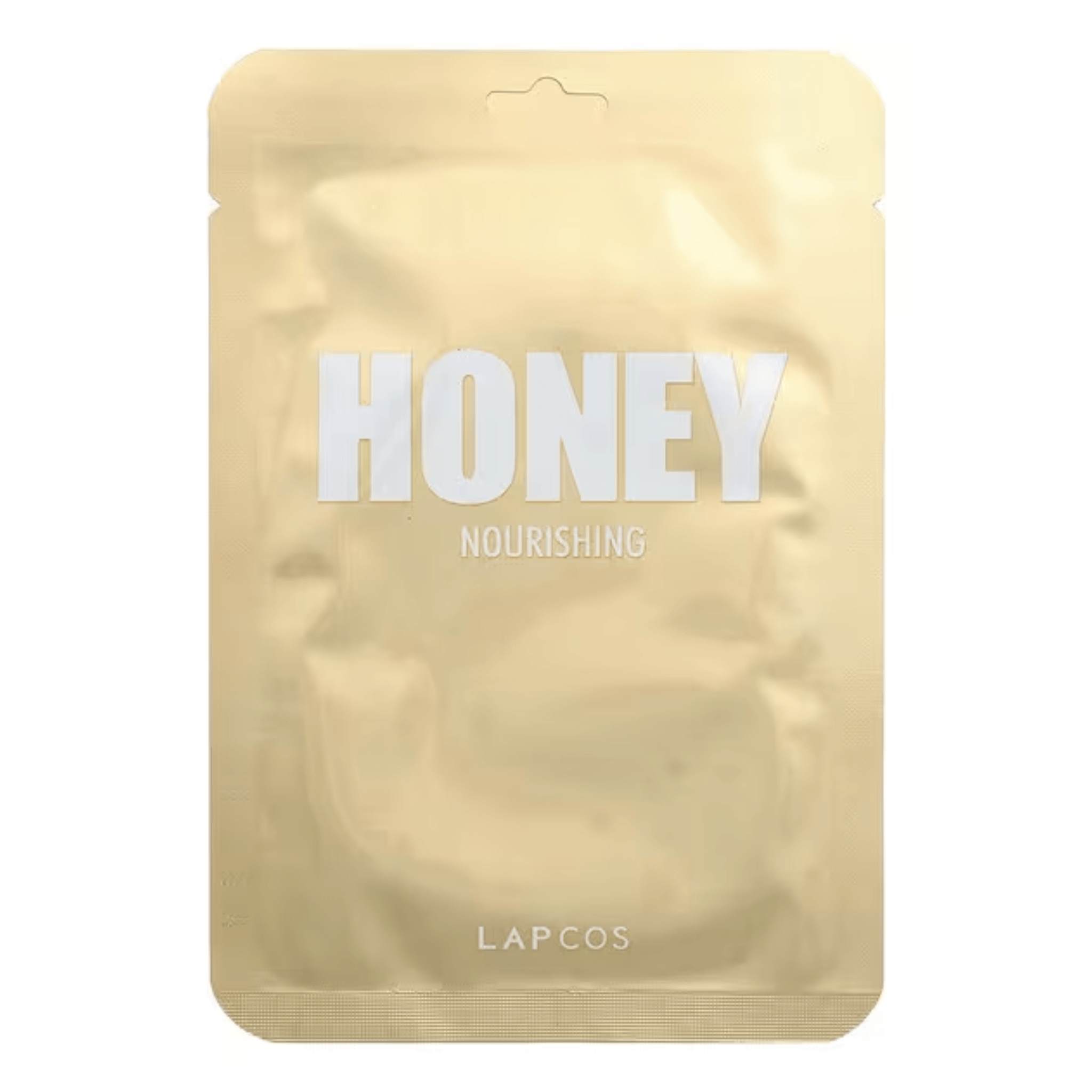 Honey nourishing sheet mask in golden packaging with Lapcos branding on the bottom of the packet.