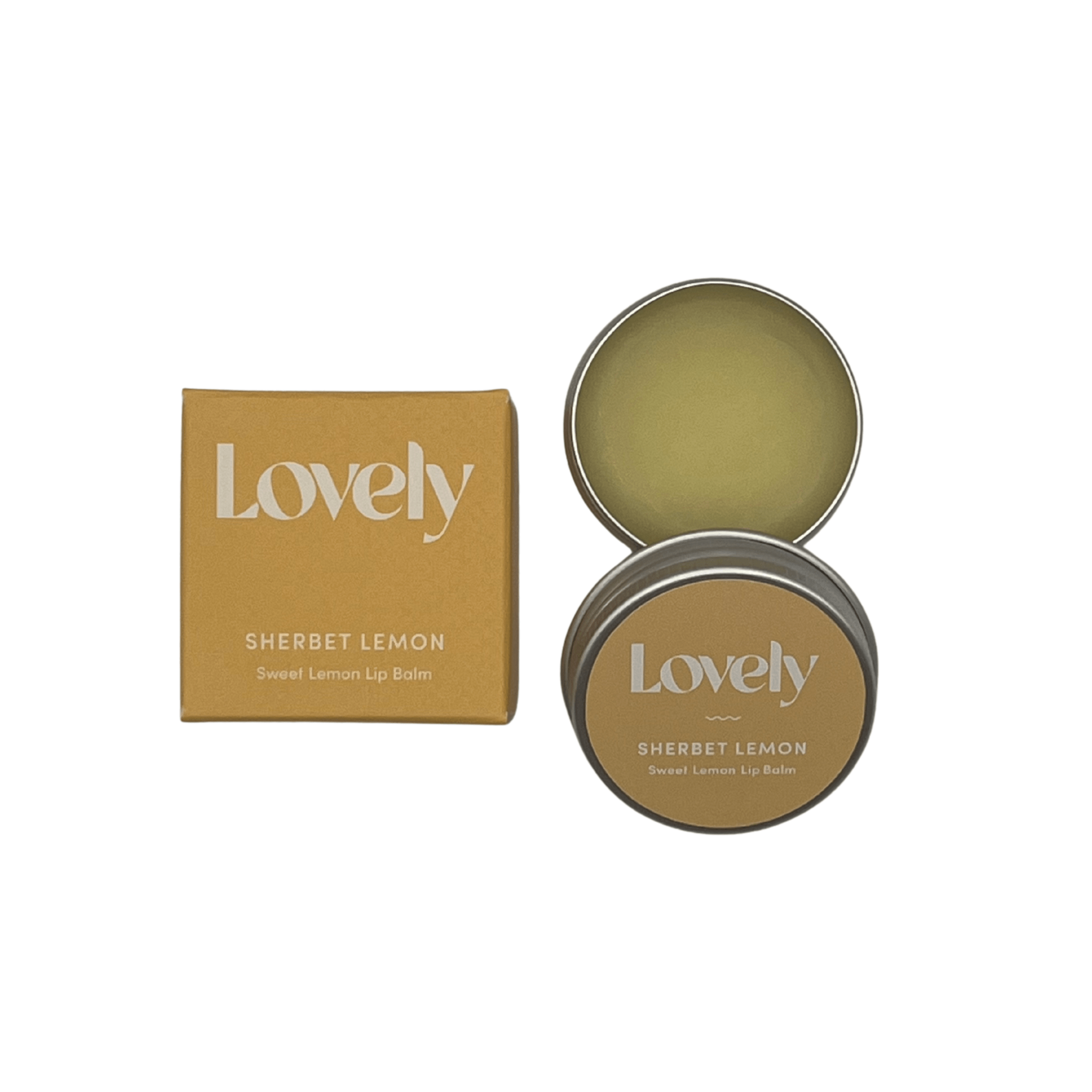 Sherbert lemon lovely skincare yellow box next to open tin of lip balm.