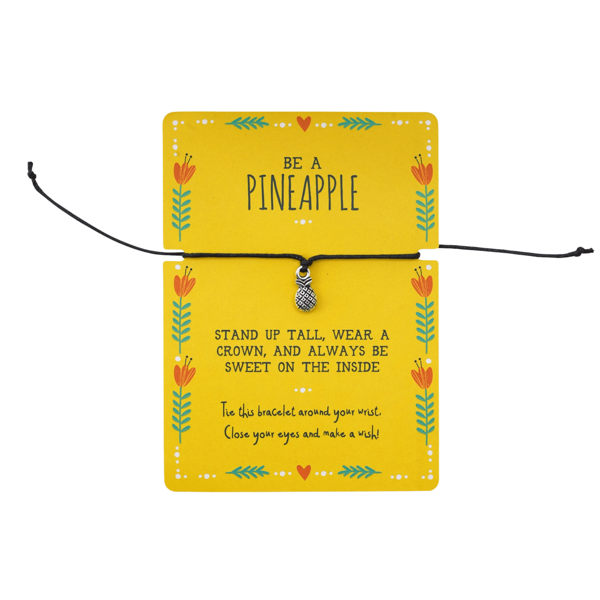 Bracelet with pineapple charm on a yellow card with text