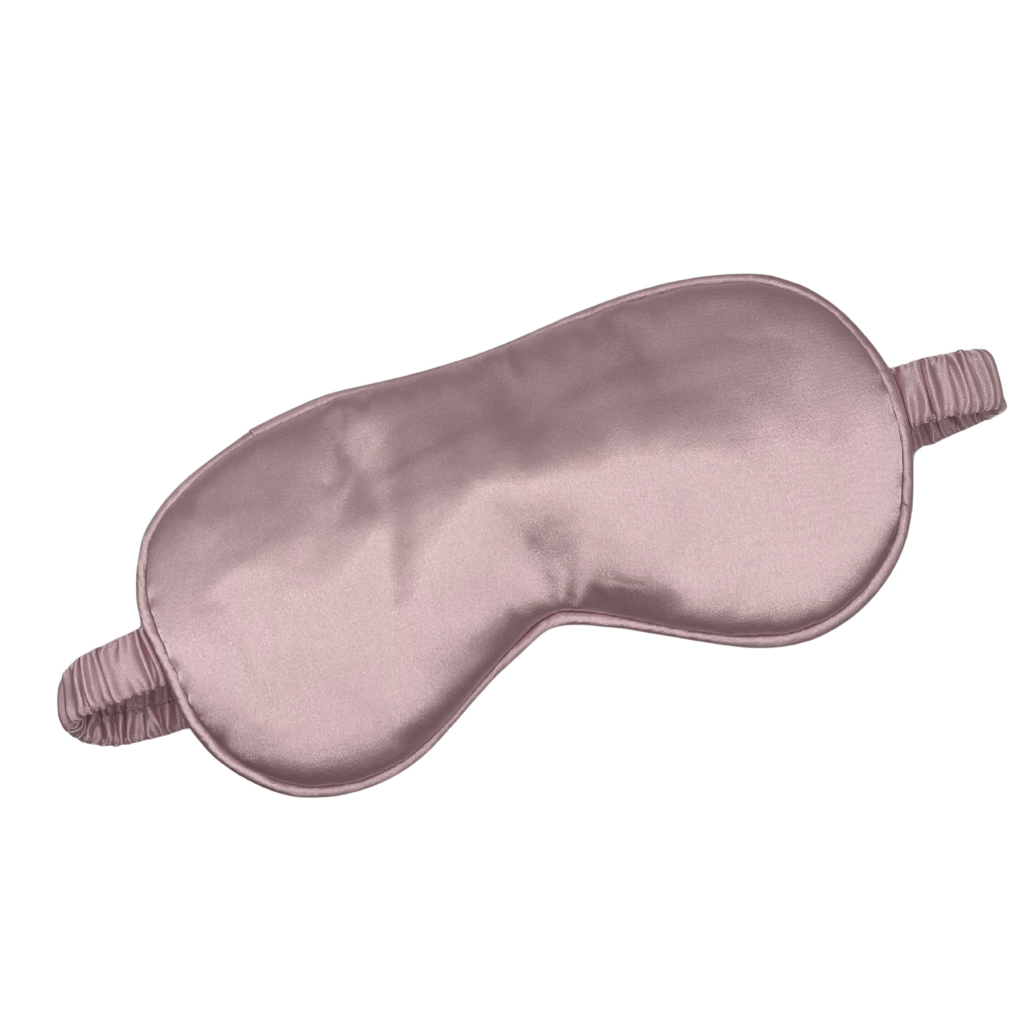 Pink satin eye mask with elastic strap.