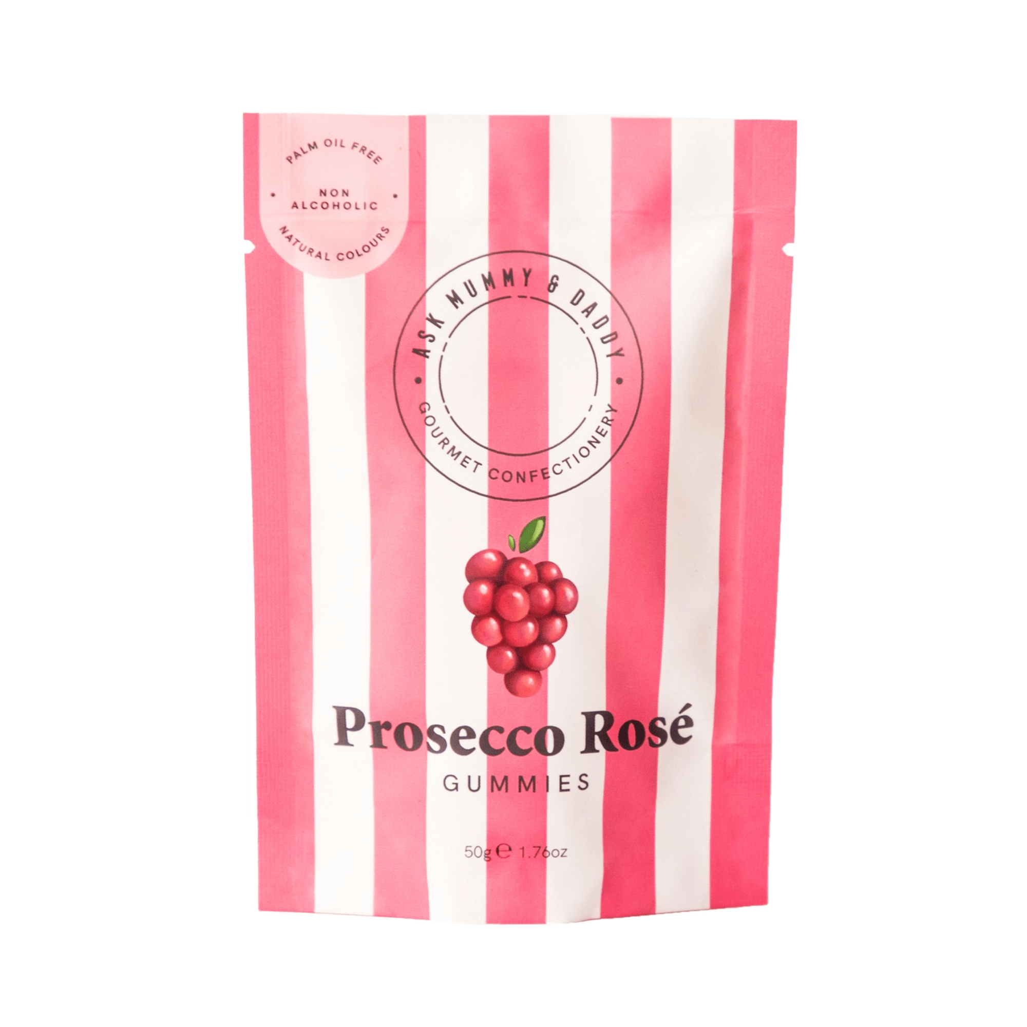 Packaging of non alcoholic Prosecco Rosé gummies with pink and white striped design.