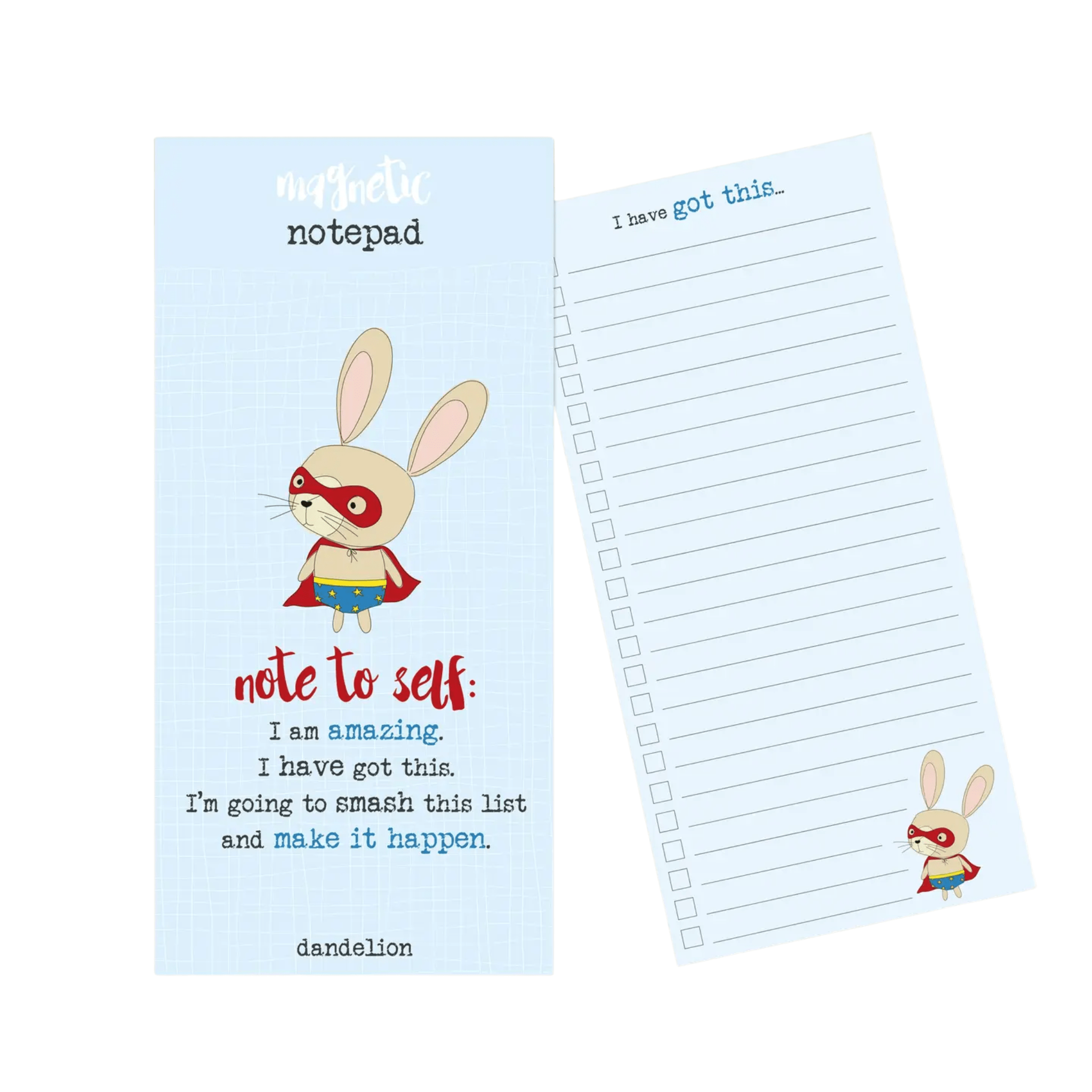 Notepad with superhero rabbit design and motivational text on a white background