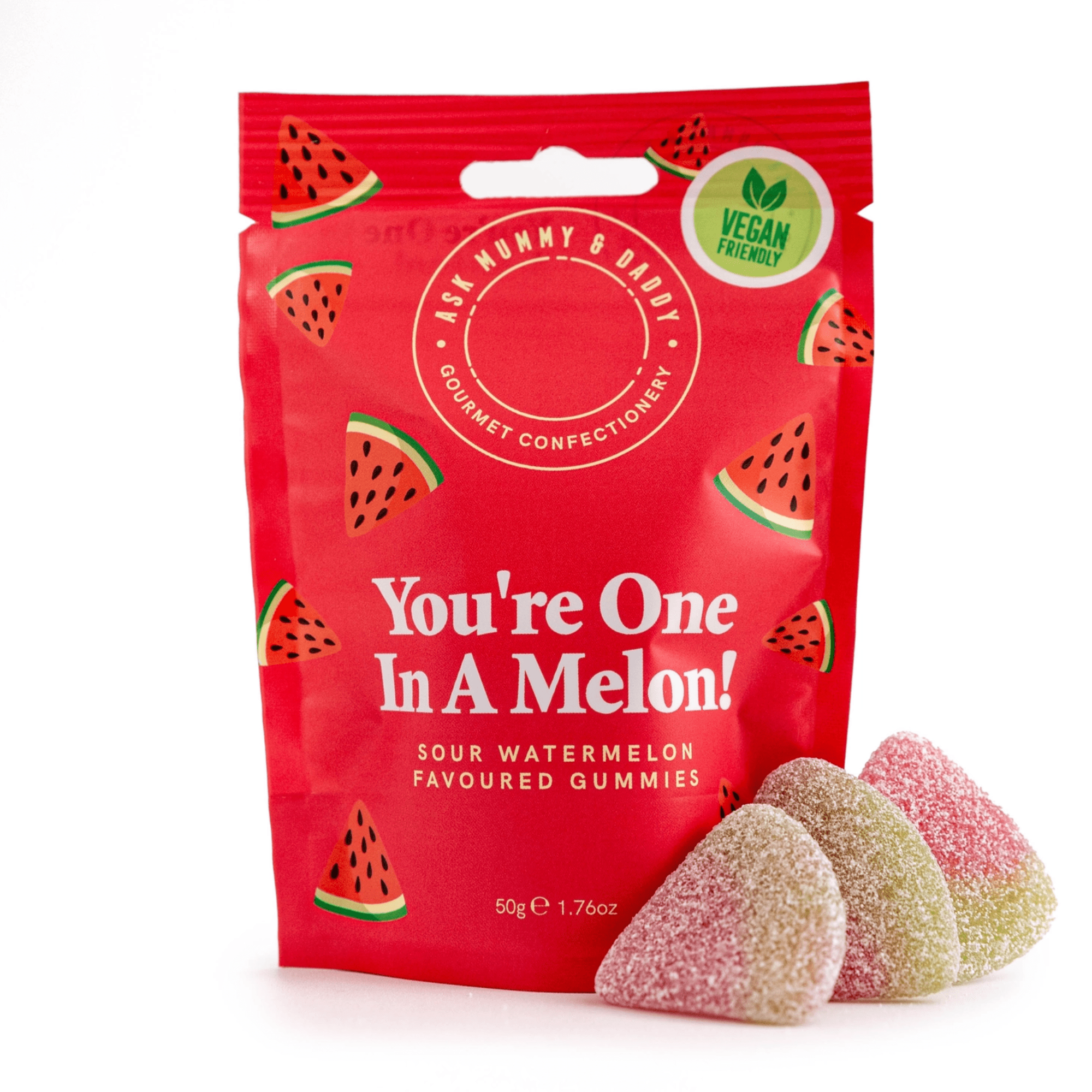 Red package of 'You're One In A Melon!' sour watermelon gummies with watermelon slice designs.