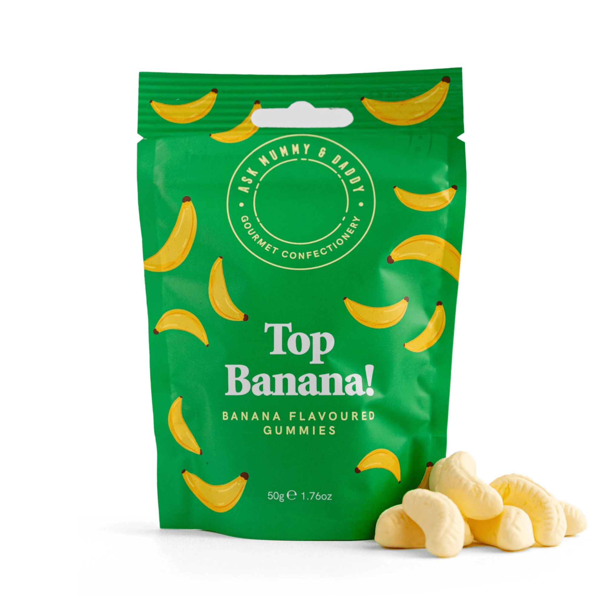 Green package of 'Top Banana!' banana-flavored gummies with yellow bananas on a white background.