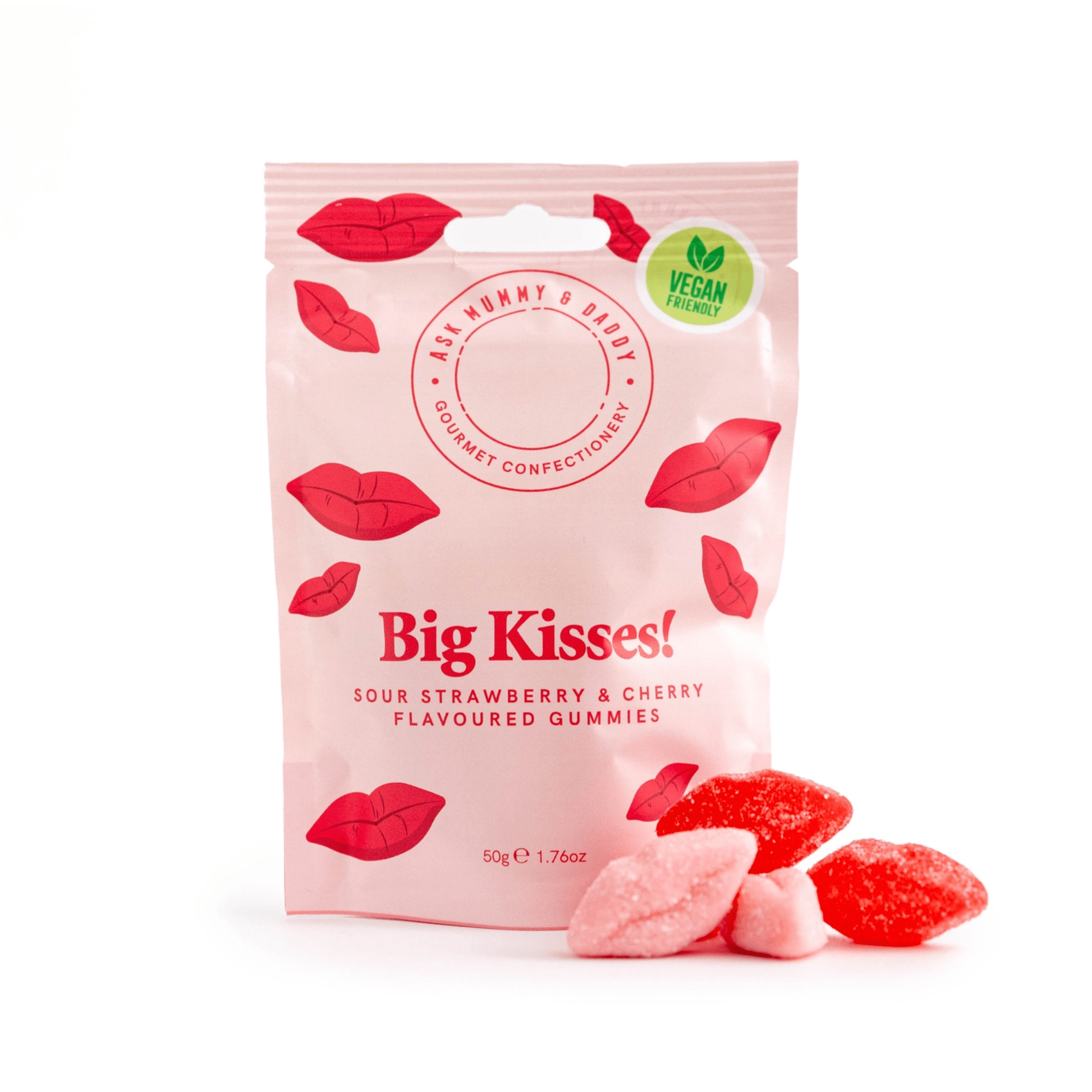 Packaging of Big Kisses! gummies with strawberry and cherry flavoured lips