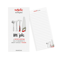 White notepad with illustrations of tools including a hammer, saw, and spanner, with “DIY jobs” text on the cover.