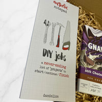 Magnetic notepad titled “DIY Jobs” featuring illustrated tools and humorous text about never-ending home improvement projects.