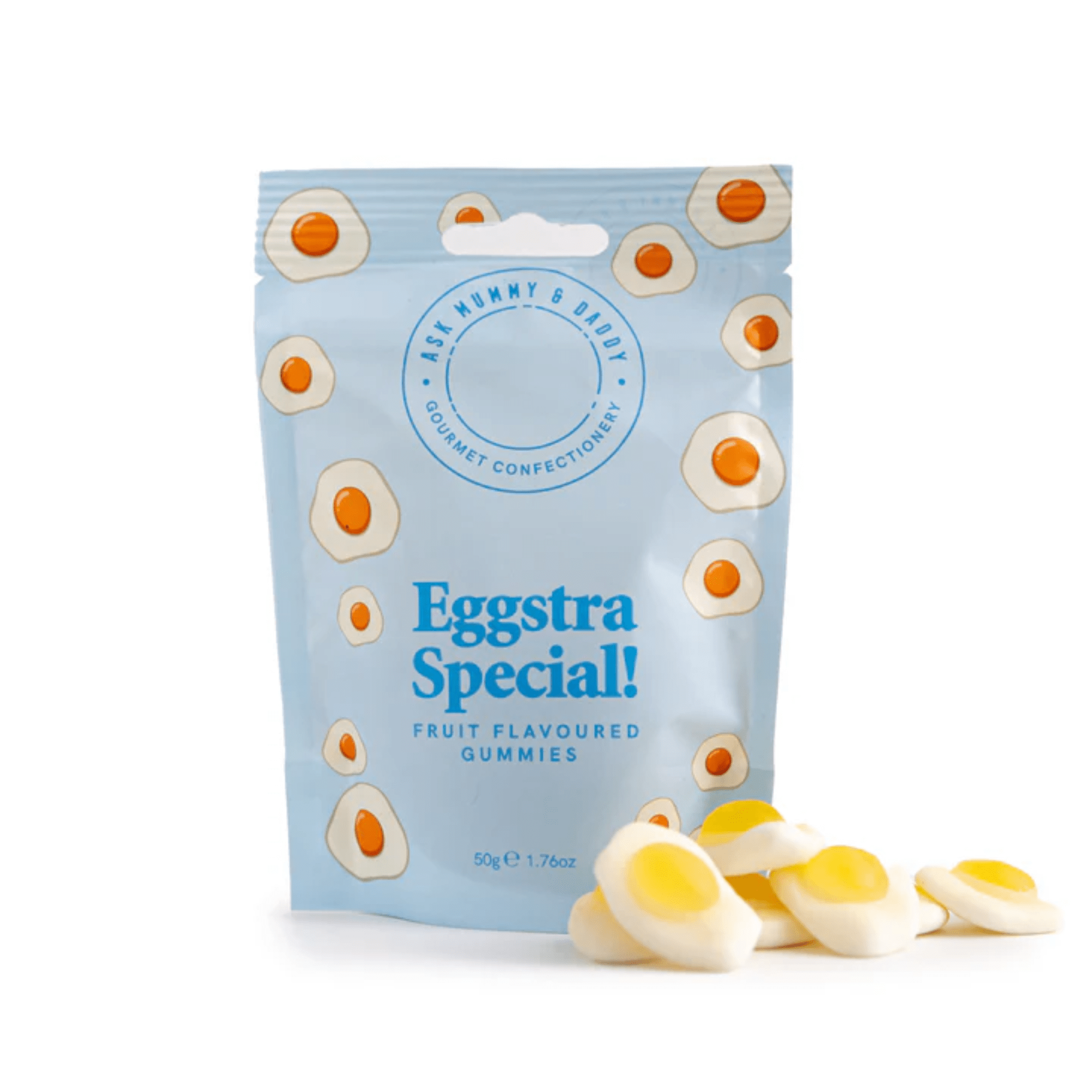 Pack of Eggstra Special! fruit-flavored gummies with a blue packaging design.