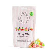 Pink package of Fizzy Mix gourmet sweets with colourful jegummyly sweets.