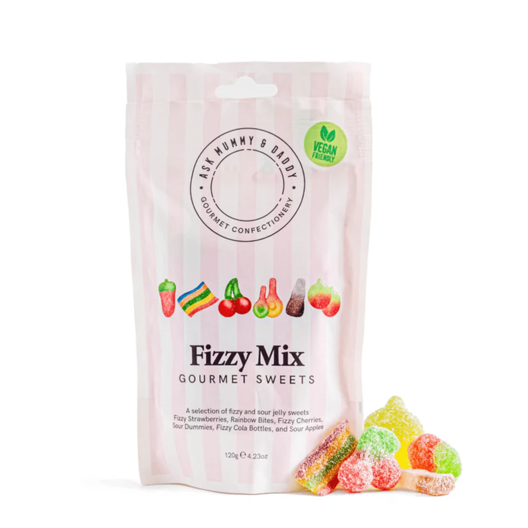 Pink package of Fizzy Mix gourmet sweets with colourful jegummyly sweets.