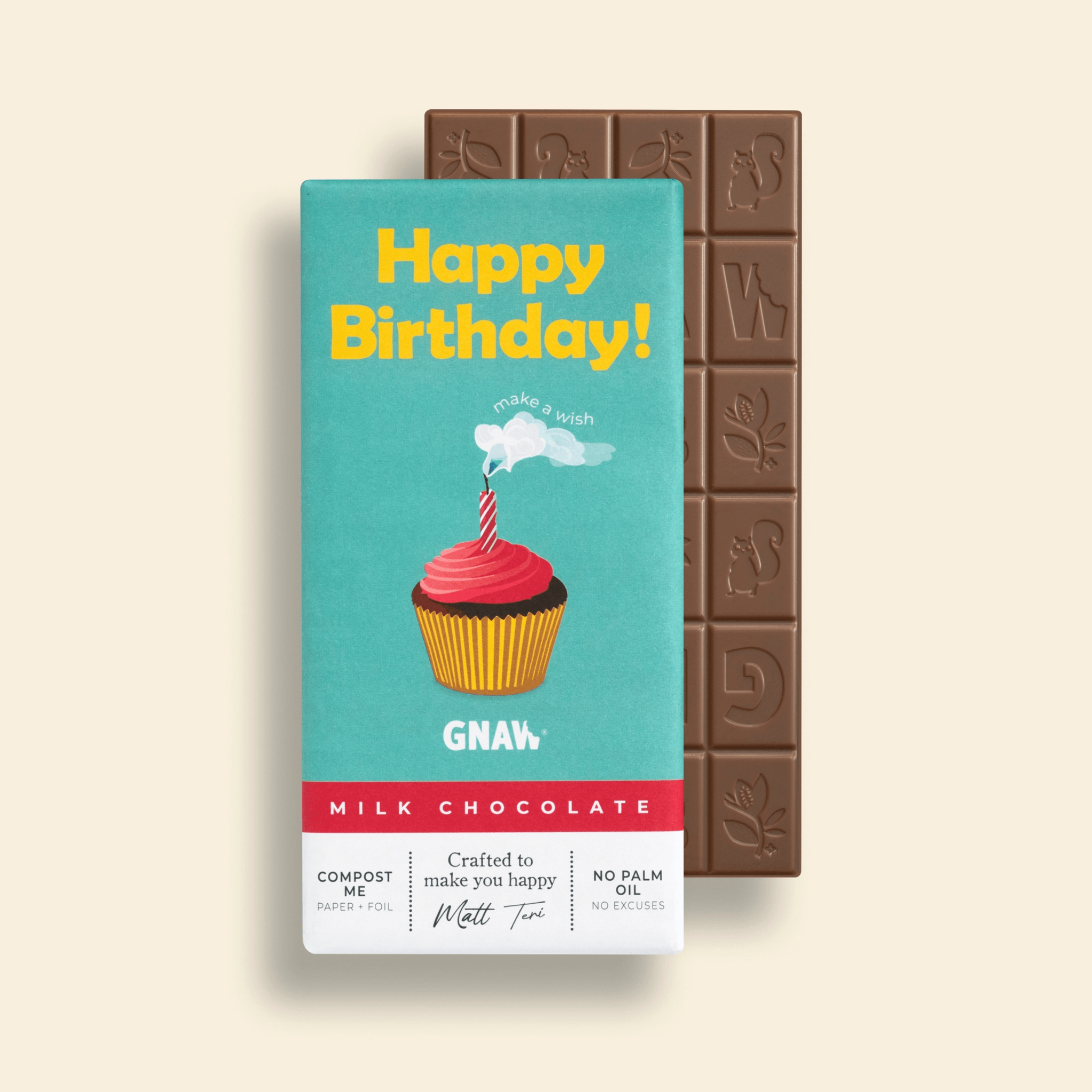 Chocolate bar with a 'Happy Birthday!' packaging featuring a cupcake illustration.