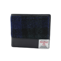Wallet made from blue and green Harris Tweed fabric with black leather trim and a woven Harris Tweed label on the front.