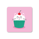 Pink coaster featuring a cute illustration of a white cat inside a green cupcake wrapper with a red cherry on its head.