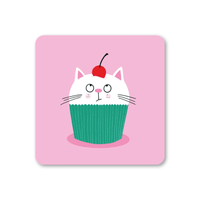 Pink coaster featuring a cute illustration of a white cat inside a green cupcake wrapper with a red cherry on its head.