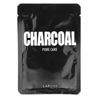 Charcoal Lapcos sheet mask for pore care in black packaging and white text.