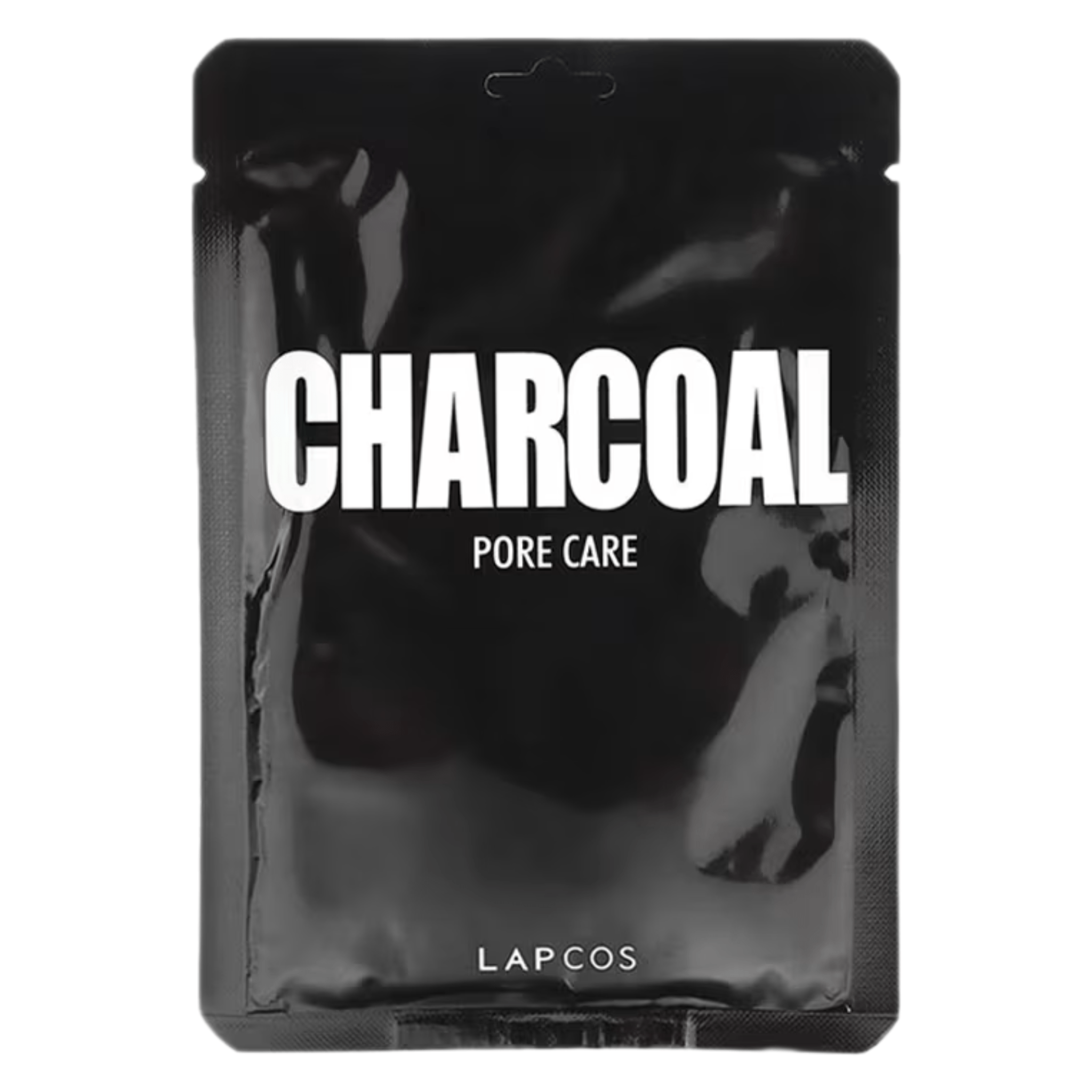 Charcoal Lapcos sheet mask for pore care in black packaging and white text.