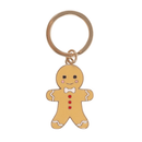 Keyring featuring a smiling gingerbread man charm with white icing details, red buttons, and a white bow tie.