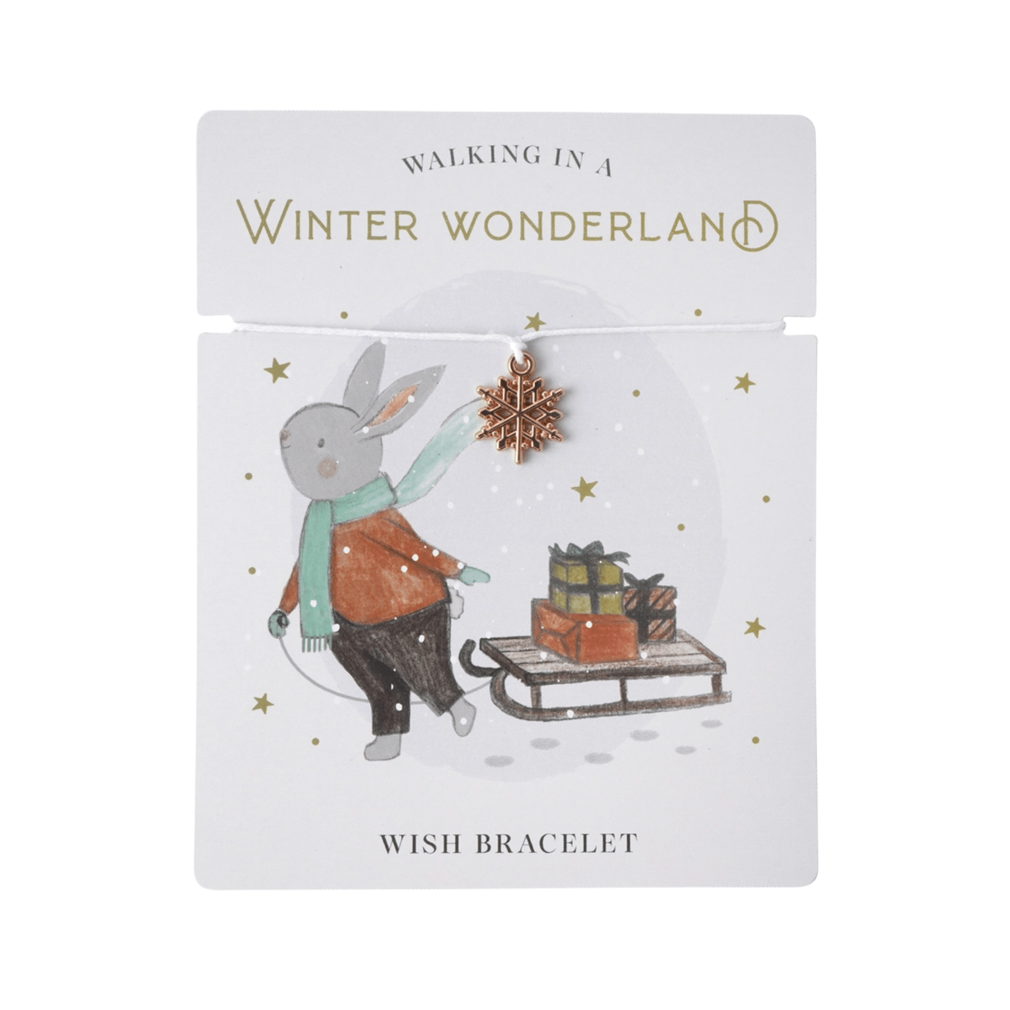 Wish bracelet with a snowflake charm and packaging with a Christmas-themed design featuring a rabbit and sleigh.