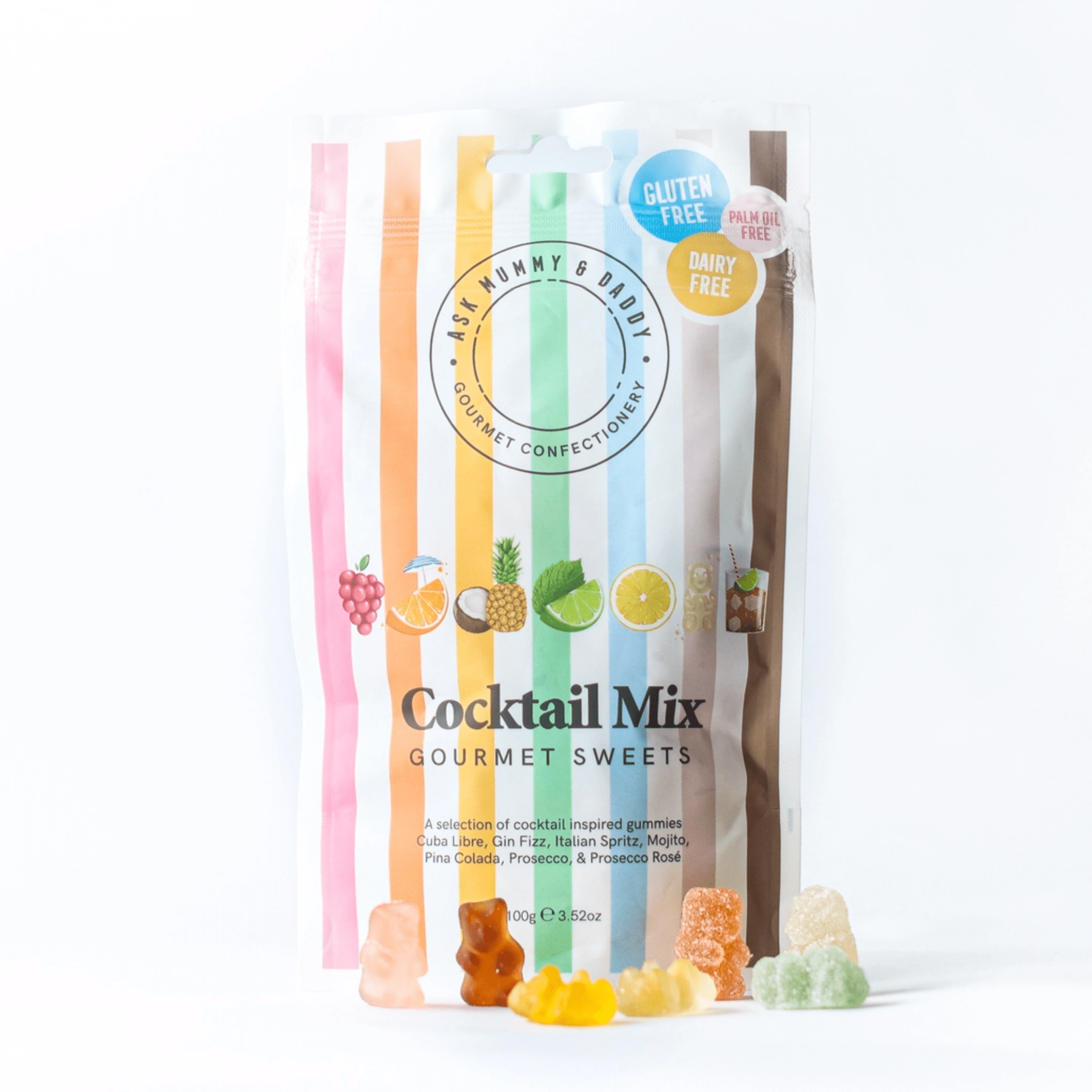 Cocktail mix gourmet sweets with a colourful striped packaging.