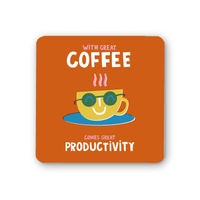 Coaster with a coffee cup design and text on an orange background