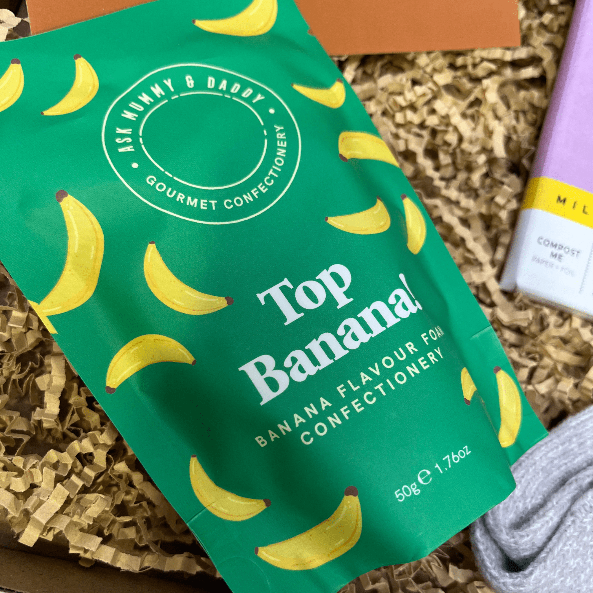 Top Banana banana flavour sweets inside thank you letterbox gift box.