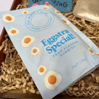 Pack of Eggstra Special fruit flavour, egg themed gummies.