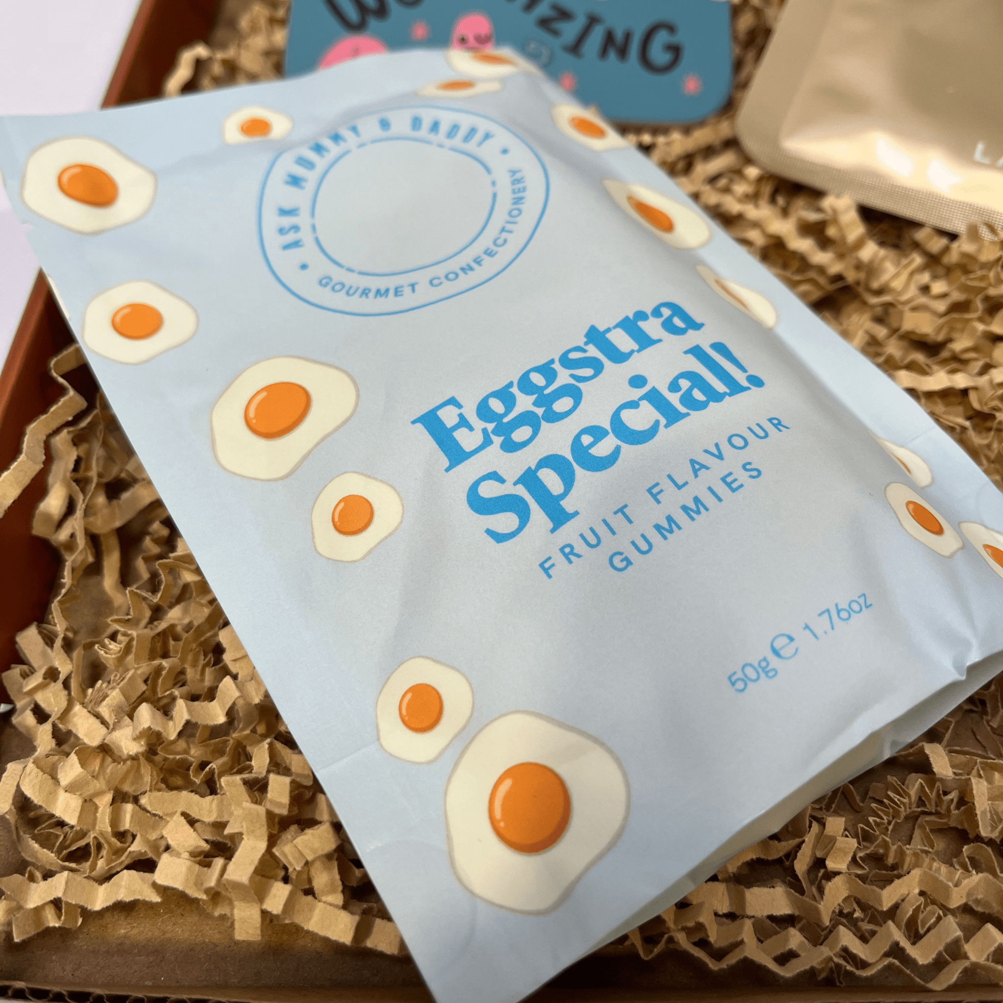 Pack of Eggstra Special fruit flavour, egg themed gummies.
