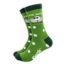 Pair of green socks with dark green cuffs, heels, and toes, featuring white golf ball spots and “Tee-rific” cartoon golf ball design.