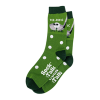 Pair of green socks with dark green cuffs and toes, featuring white golf balls and a cartoon golf ball wearing sunglasses with “Tee-rific” text.