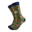Pair of green socks with navy cuffs, heels, and toes, featuring a repeating pattern of cartoon dogs wearing party hats.