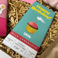 GNAW milk chocolate bar with a happy birthday themed packaging in a birthday gift box for her.