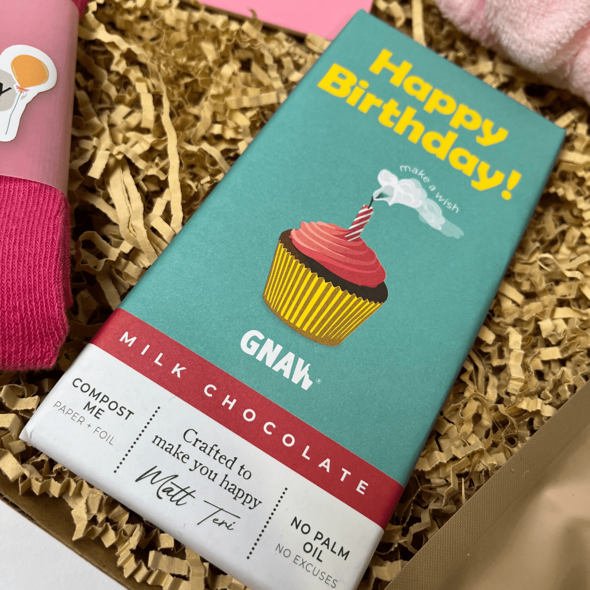 GNAW milk chocolate bar with a happy birthday themed packaging in a birthday gift box for her.