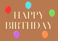 Happy Birthday text with colorful balloons on a brown background