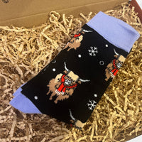 Black Christmas socks with lilac cuffs featuring Highland cow and snowflake pattern, displayed on shredded paper packaging inside a gift box.