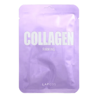 Purple collagen firming sheet mask with 'LAPCOS' branding.