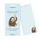 Light blue notepad with a cartoon gorilla wearing a pink bow tie holding a shopping list and pencil.
