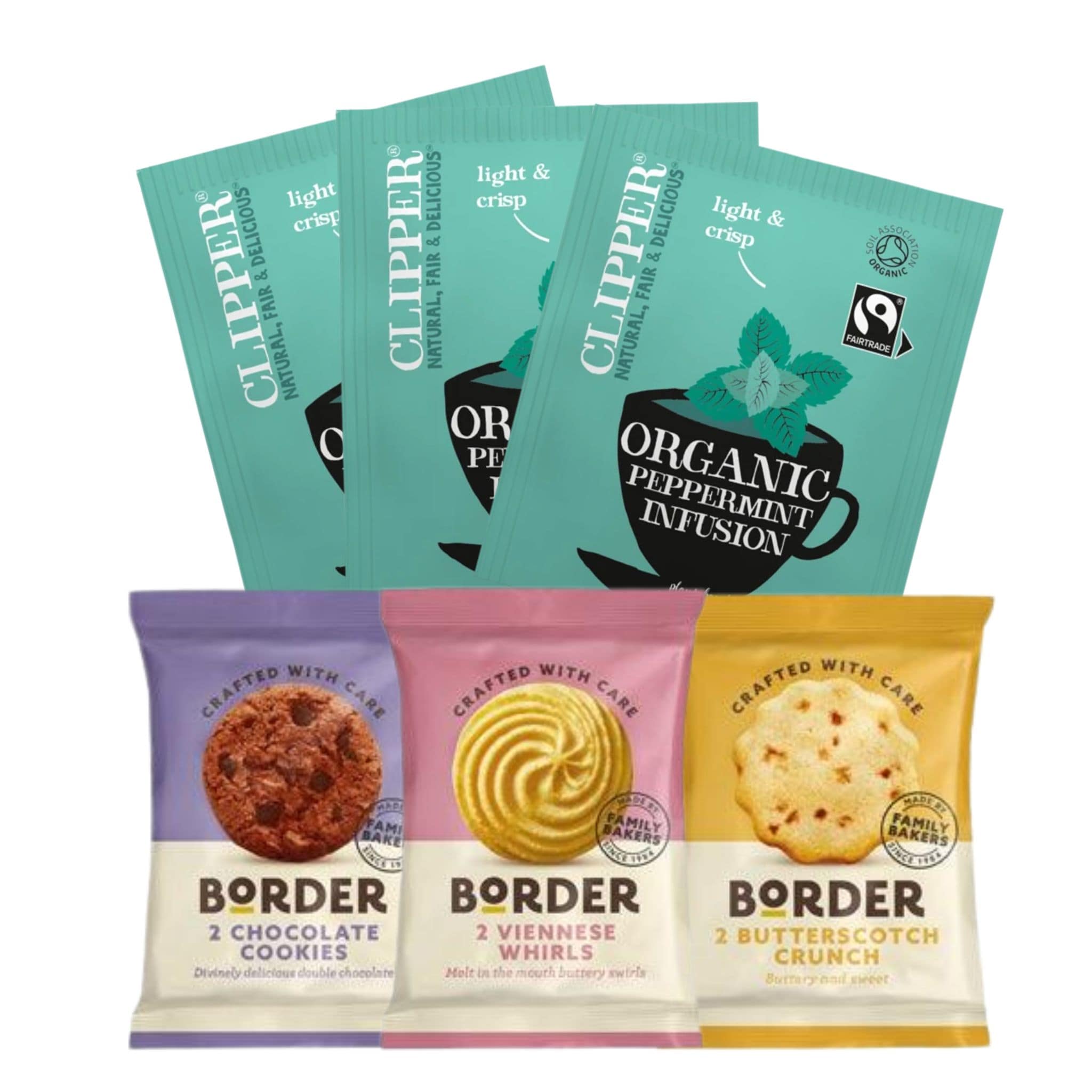 Collection of Clipper Organic Peppermint Infusion and Border biscuits.