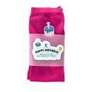 Pink socks with a birthday cake design and a birthday themed label saying Happy Birthday.