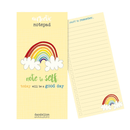 Yellow notepad with a colourful rainbow and white clouds illustration and the text “note to self: today will be a good day.”