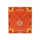 Pressed flower necklace on a 'Hello Sunshine' branded card with floral designs.