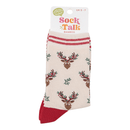 Pair of beige bamboo socks with red cuffs and toes, featuring a repeating reindeer head pattern with holly antlers.