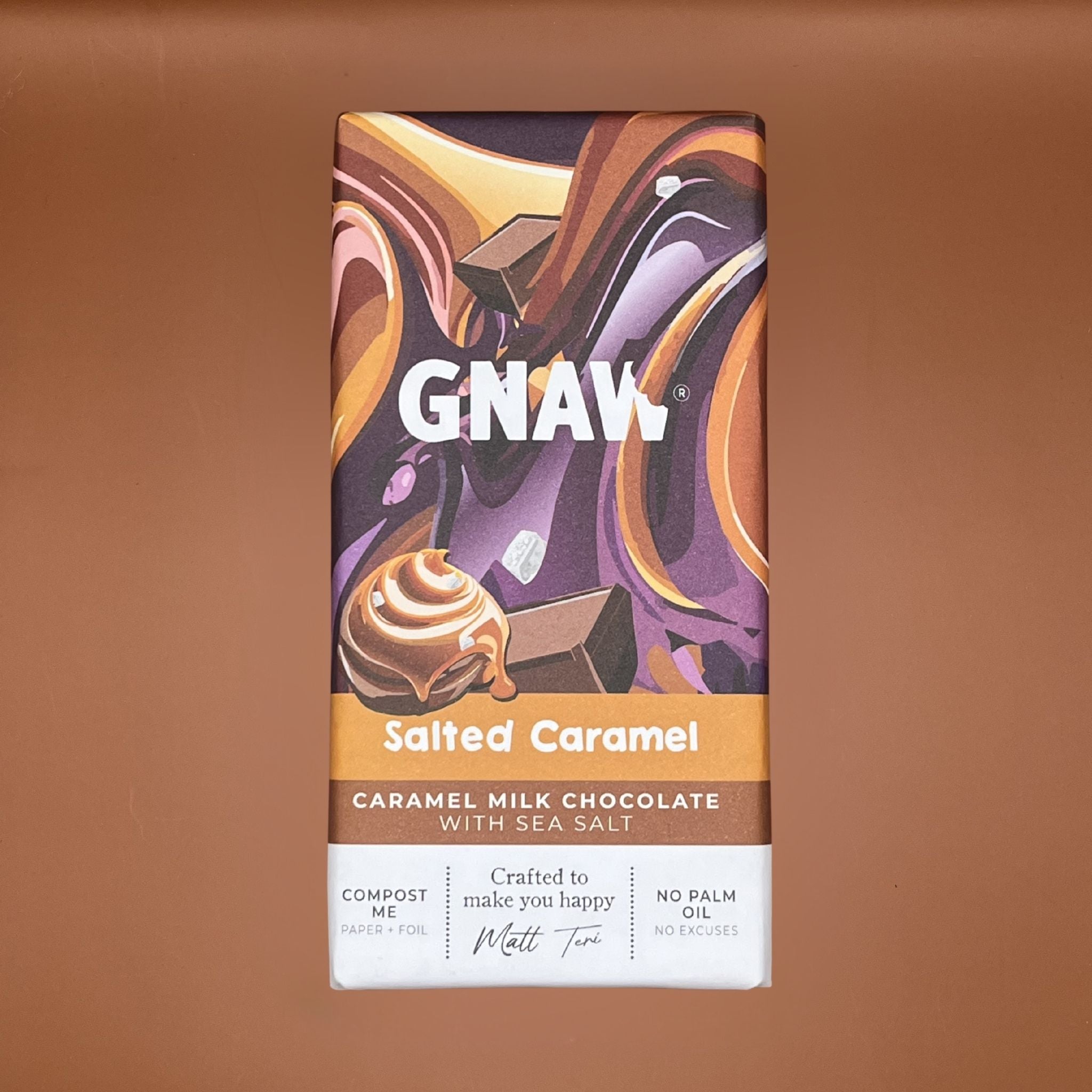 GNAW Salted Caramel chocolate bar packaging