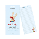 Notepad with superhero rabbit design and motivational text on a white background