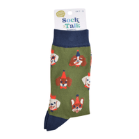 Pair of green socks with navy cuffs and heels, featuring colourful cartoon dog faces wearing party hats.